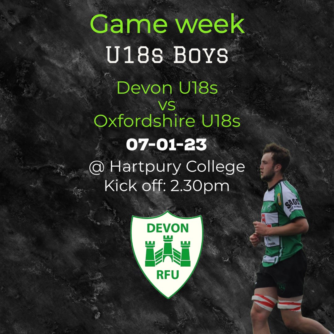 DevonRFU's tweet photo. It’s game week! 

After the snow called a halt to our U18s fixture before Christmas, they look to push on in 2023 as they head back to Hartpury to face Oxfordshire U18s 

#GreenandWhite https://t.co/o2Ew3ZtlB2