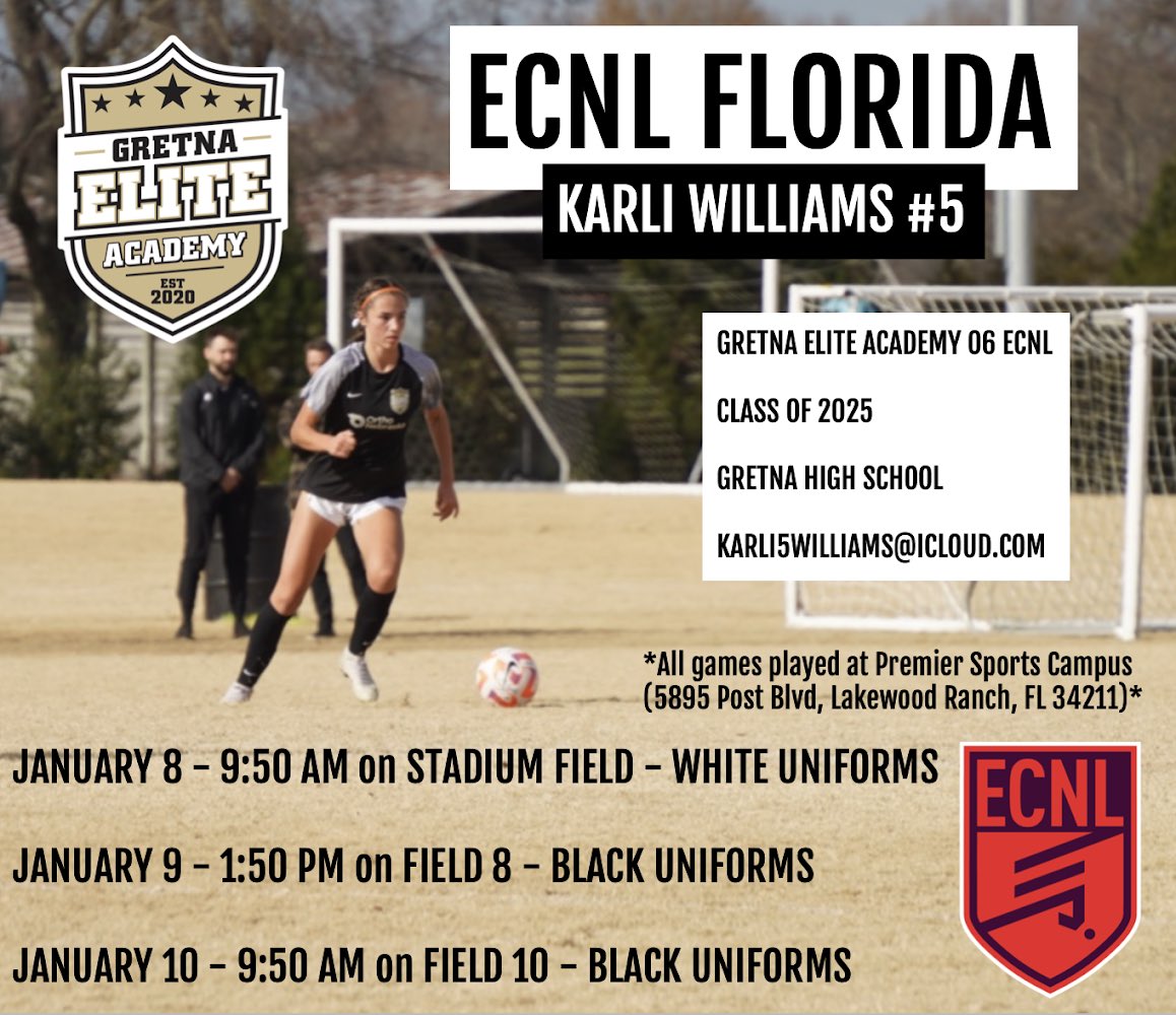 karliiwilliamss's tweet photo. #ECNLFL is finally here!! Here is my schedule for this weekend, come watch me and @GEA_06G_ECNL compete. @ECNLgirls @GEA_ECNL ☀️⚽️🌴 https://t.co/VXgfBkhd4i