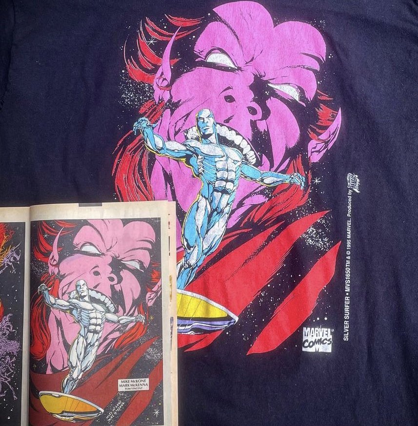 MarkMcKenna419's tweet photo. When your art is turned into a tee shirt back in 1993 and the Marvel retro shirt prices are nutty! #silversurfer #teeshirt #marvelcomics #comicimages https://t.co/QZp05TA8Fg