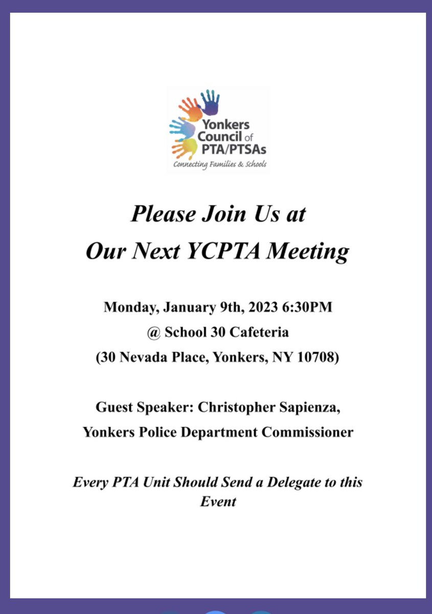 Please join us for this informative event with Yonkers Police Commissioner Christopher Sapienza. All PTA/PTSA units should send a representative. @YonkersSchools @SuptQuezada @School30Yonkers