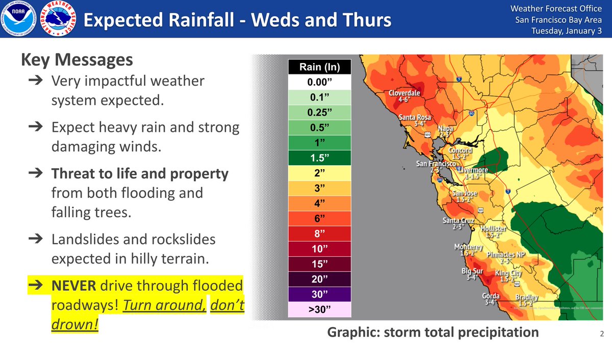 NWSBayArea's tweet photo. Major wind and rain impacts are EXPECTED tomorrow into Thursday. Prepare now for flooding, downed trees, and power outages. NEVER drive through flooded roadways! Remember turn around, don't drown. Stay safe everyone! #cawx https://t.co/8agOIHccoJ