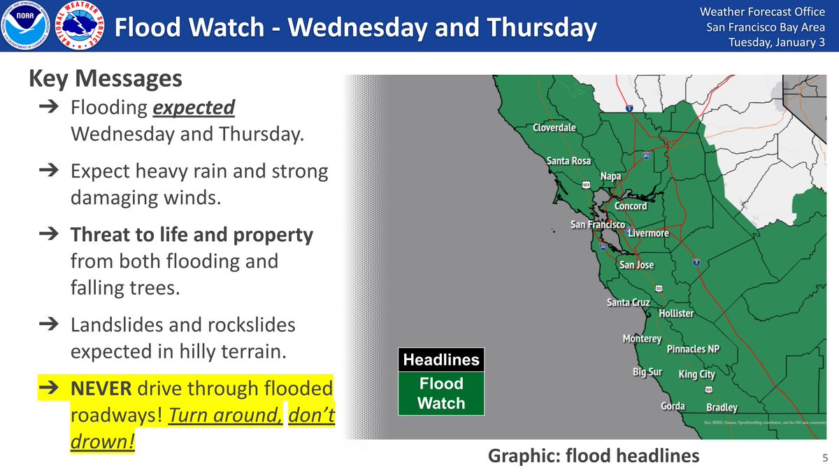 NWSBayArea's tweet photo. Major wind and rain impacts are EXPECTED tomorrow into Thursday. Prepare now for flooding, downed trees, and power outages. NEVER drive through flooded roadways! Remember turn around, don't drown. Stay safe everyone! #cawx https://t.co/8agOIHccoJ