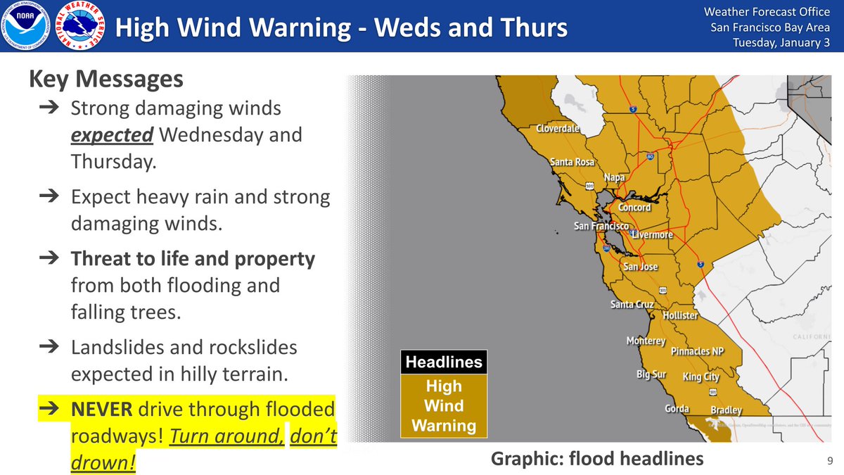 NWSBayArea's tweet photo. Major wind and rain impacts are EXPECTED tomorrow into Thursday. Prepare now for flooding, downed trees, and power outages. NEVER drive through flooded roadways! Remember turn around, don't drown. Stay safe everyone! #cawx https://t.co/8agOIHccoJ