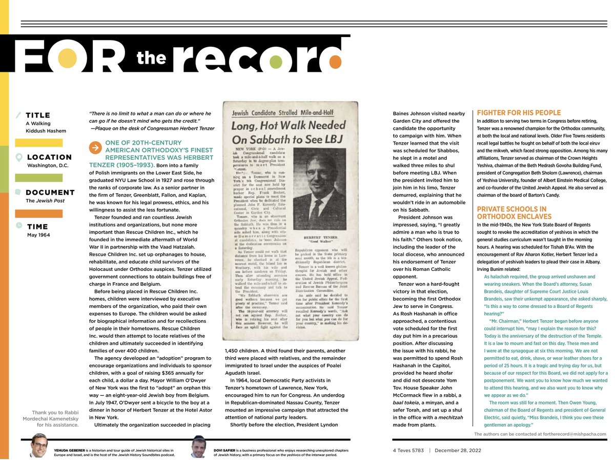 As the 118th Congress is inaugurated in Washington, it’s as good a time as ever to recall the life &amp; impact of America’s first Orthodox Congressman, Herbert Tenzer of Lawrence, NY. #ForTheRecord
mishpacha.com/a-walking-kidd…