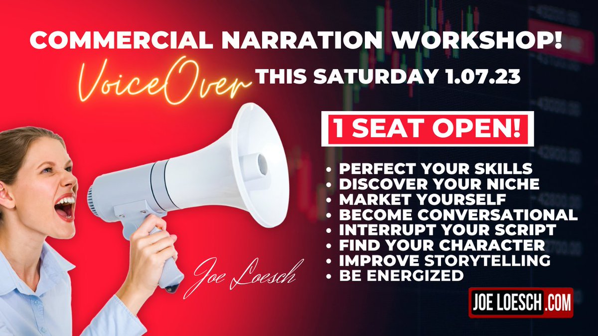 JoeLoesch's tweet photo. 1 seat is open for this Saturday's VoiceOver workshop. 1.07.23 Commercial and Narration training. Resiter at, https://t.co/NIIkwsV8rR https://t.co/RVN5uHhTGa