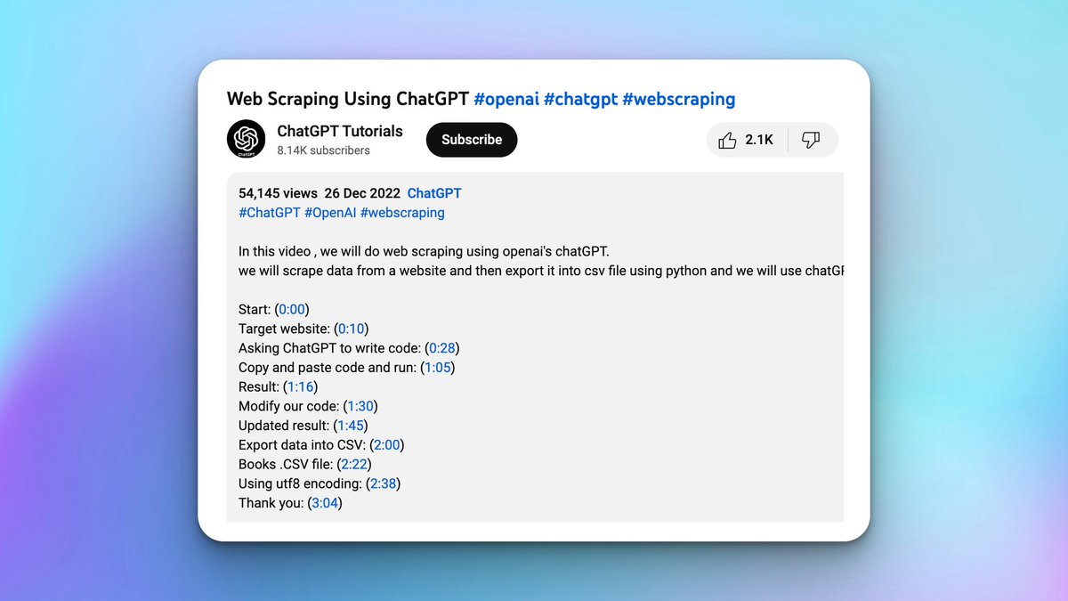 DataChaz's tweet photo. How to build a mighty web scraper in less than 5 minutes with #ChatGPT! 🤯

🔗 https://t.co/KuK7nwyxdS https://t.co/5zYMBqrghR