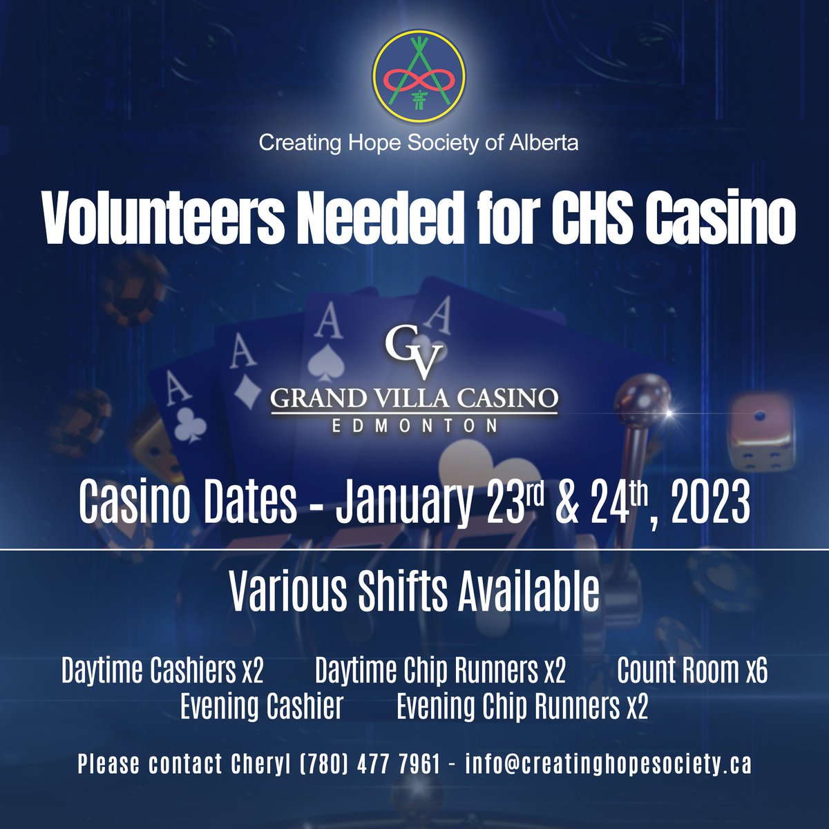 Creating_Hope_'s tweet image. Volunteers needed for our two day CHS Casino event.

Sign up here: bit.ly/3vAdOXf