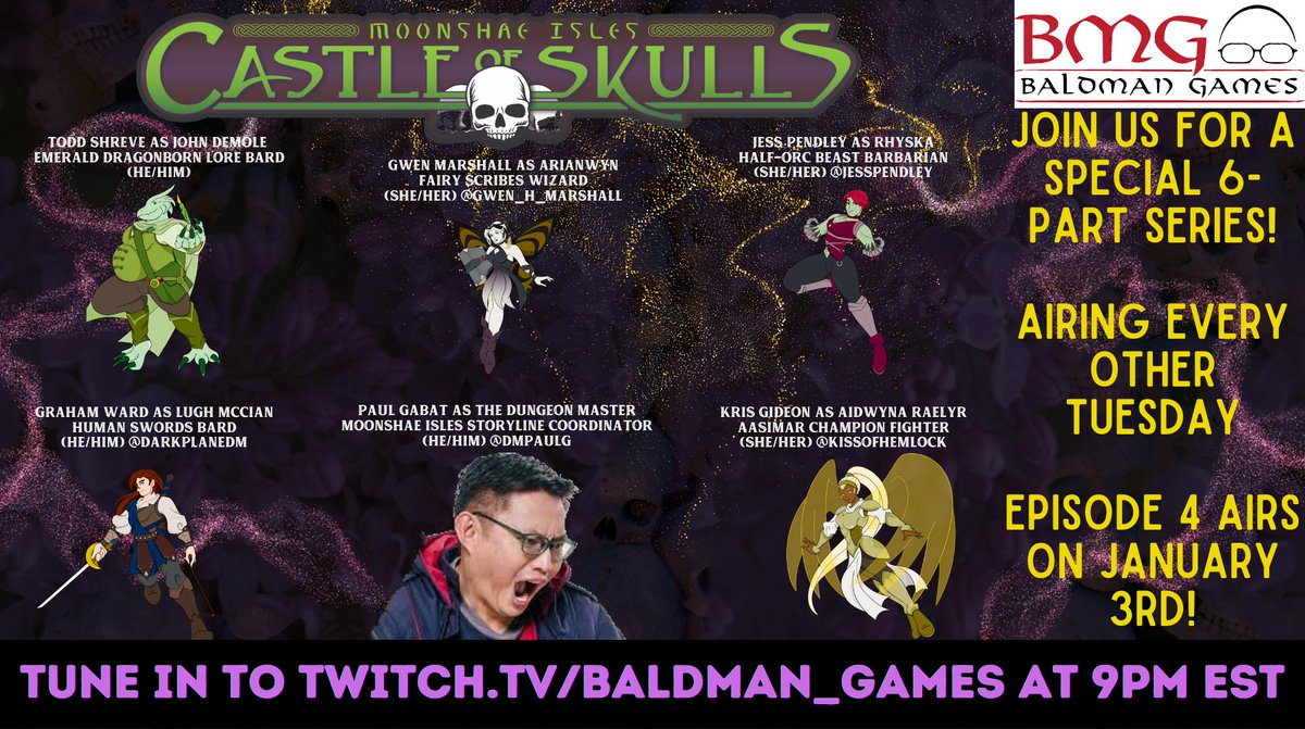 Episode 4 of our Moonshae Isles: Castle of Skulls AP Stream is starting now!

Join us on Twitch and enter to win this week's giveaway: a $10 gift certificate for @DriveThruRPG /@dms_guild (good on any of the OneBookShelf sites!)

twitch.tv/baldman_games

#dnd #ttrpgs