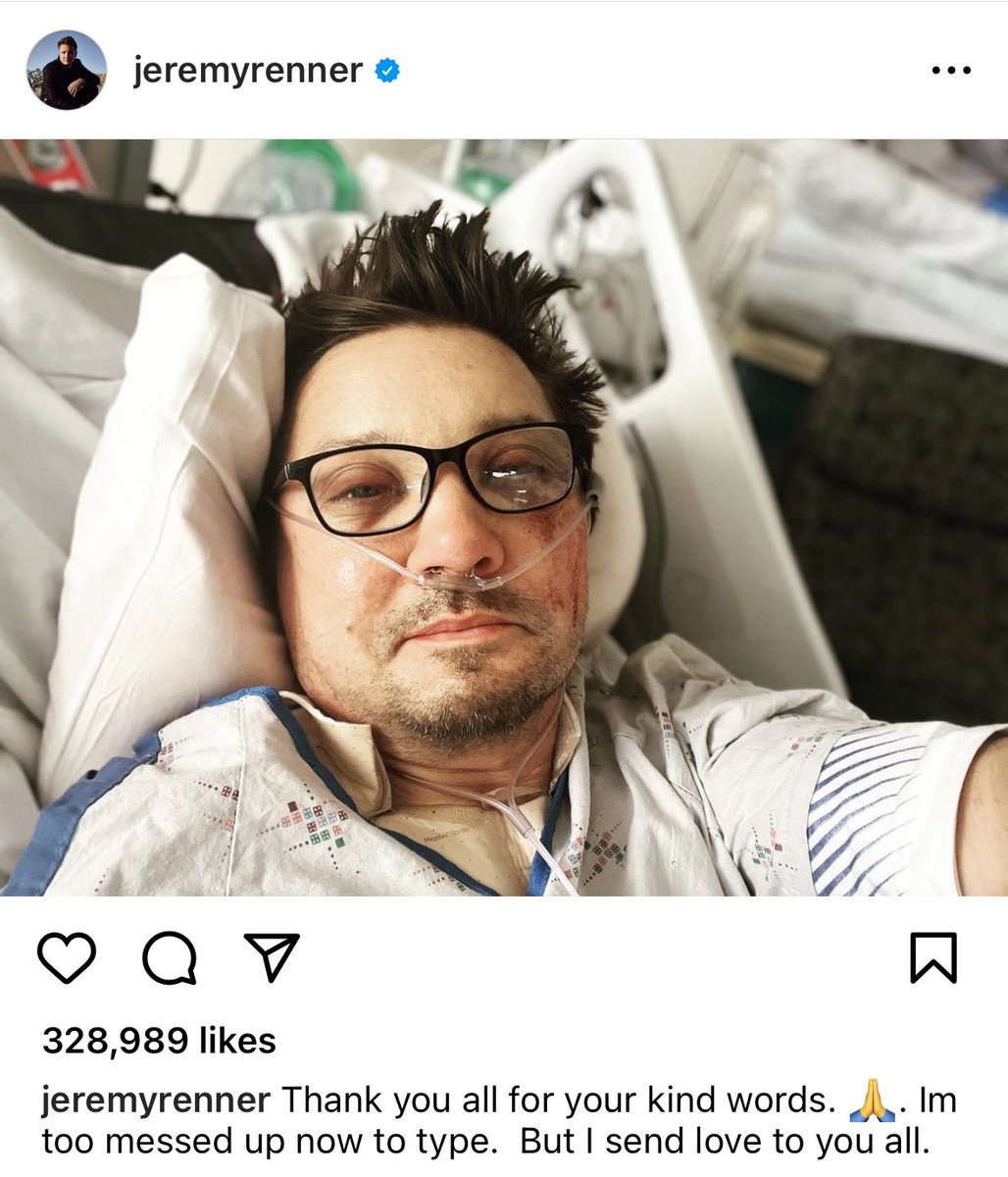 DiscussingFilm's tweet photo. Jeremy Renner has posted a message on Instagram following his major accident. https://t.co/85YDr5mlD2