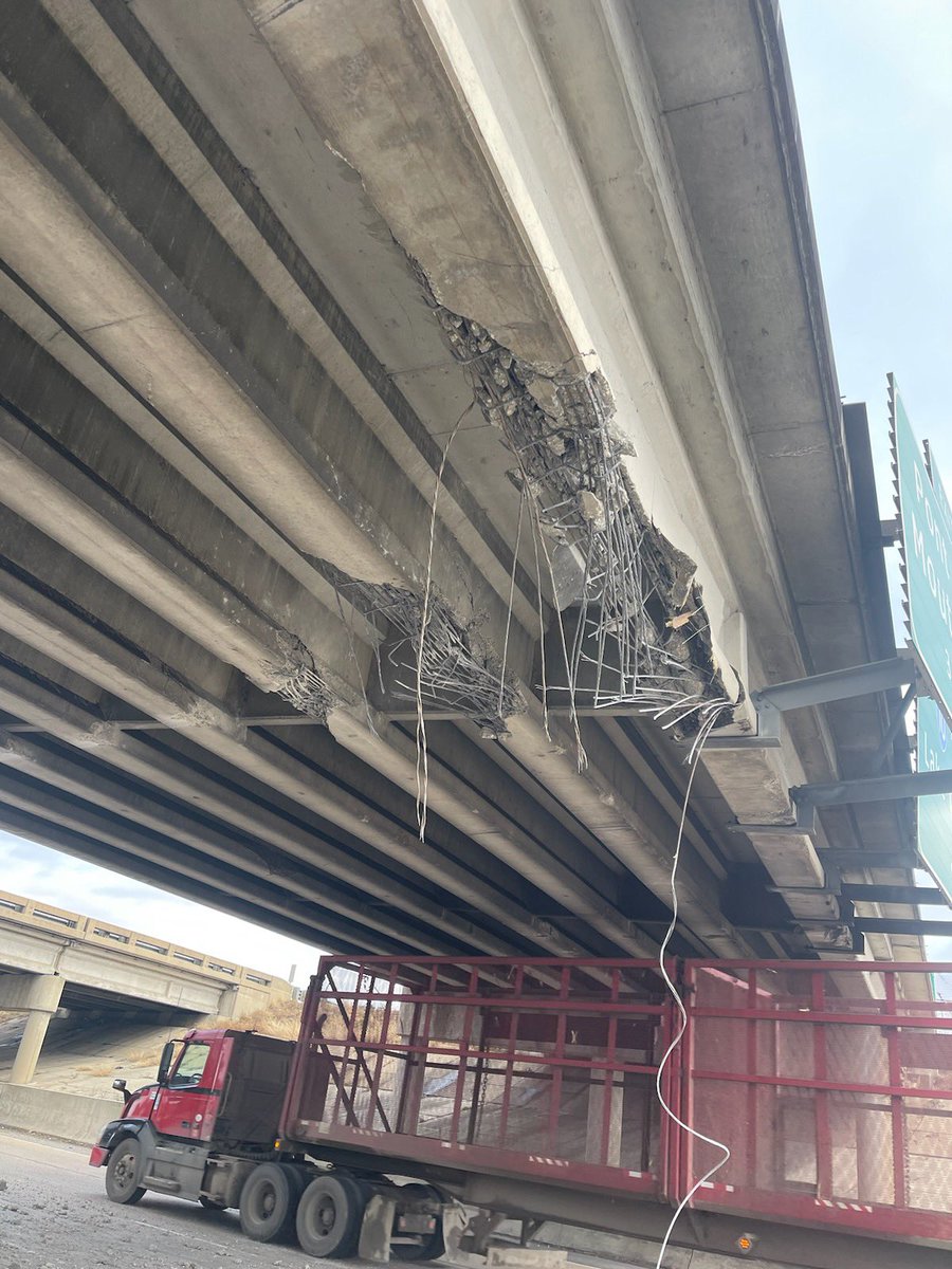AcadianaNews1st's tweet photo. I-10 EB still shut down after 18-wheeler struck overpass bridge. Photos credit: DOTD https://t.co/m8B4QdkrDl https://t.co/dLXZOtLUZY