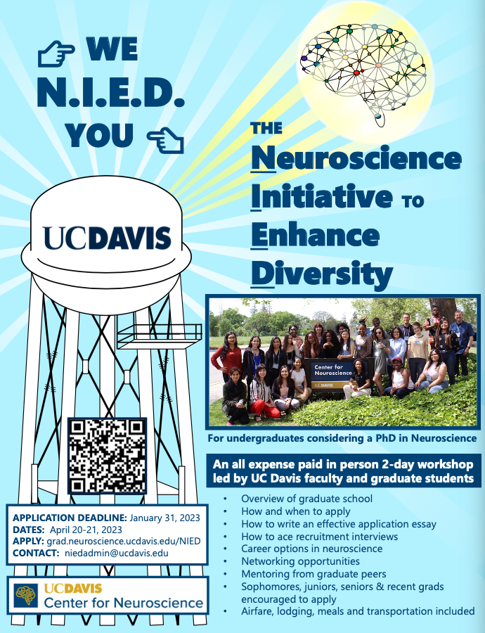 Undergrads/recent grads considering a Ph.D. in Neuroscience make sure to apply to this opportunity!! 
App Due: Jan 31st. 
Dates: April 20-21 2023
All expense paid *in person* 2-day workshop at UC Davis to help students learn about graduate school and the application process.