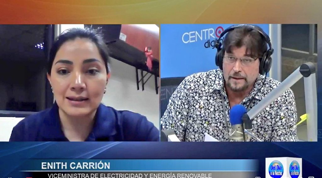 ViceminEnergia's tweet photo. 📍[HOY]

📌La Viceministra de Electricidad y Energía Renovable, @CarrionE_VME,  atendió entrevista a través del medio @radiocentroec, en la cual abordó la situación actual del sector eléctrico ecuatoriano.

#EnergíaConPropósito https://t.co/RNoAJoSC9E