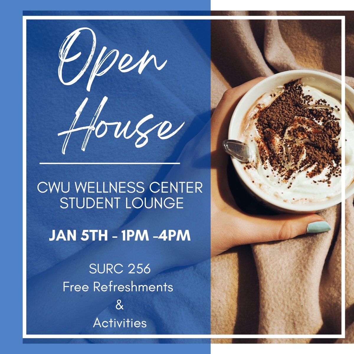 CWUHealthPromo's tweet photo. Welcome back Wildcats! Come take a Wellness break after the chaos of finding classrooms and buying books! We will have free refreshments and activities from 1pm to 4pm on Thursday, January 5th. See you in SURC 256! https://t.co/fKK9hvGOrP