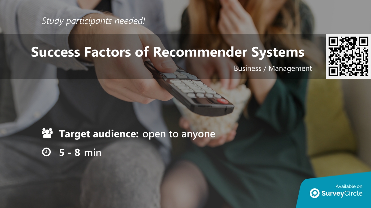 daily_research's tweet image. Participants needed for online survey!

Topic: "Success Factors of Recommender Systems" surveycircle.com/HQK8SC/ via @SurveyCircle

#RecommenderSystem #ecommerce #TvRecommender #ConsumerAcceptance #television #survey #surveycircle