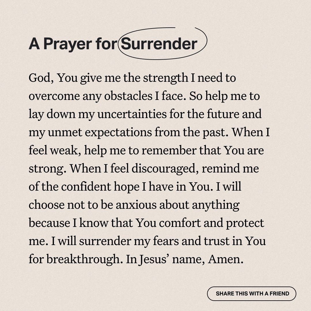 YouVersion's tweet image. Re-read this prayer and then make a list of the areas in your life that you need to surrender. Picture putting those things in a box and then visualize handing that box to Jesus. Use this exercise to make space in your heart for the plans that God wants to reveal to you.