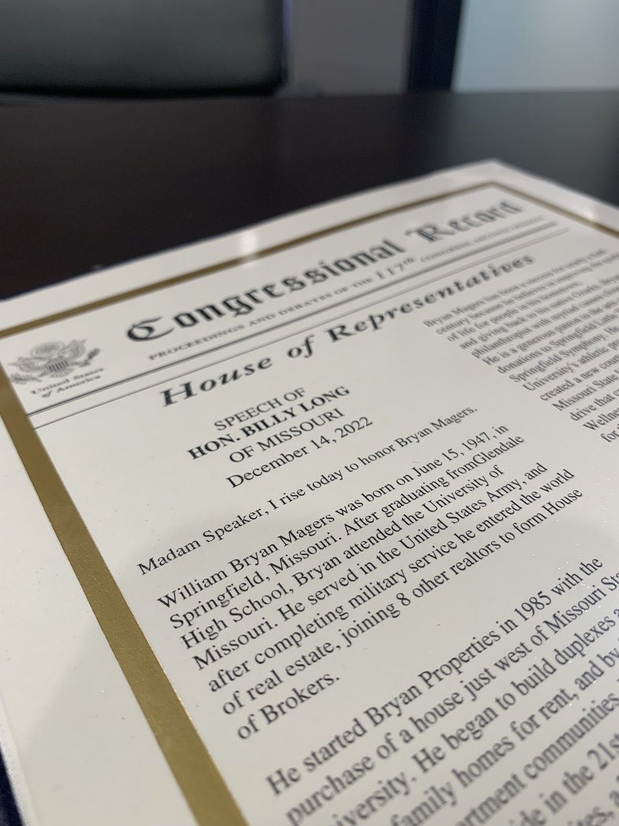BryanProps's tweet image. Rep. Billy Long surprised Bryan Magers with this entry into the congressional record. A special day for Bryan Properties!