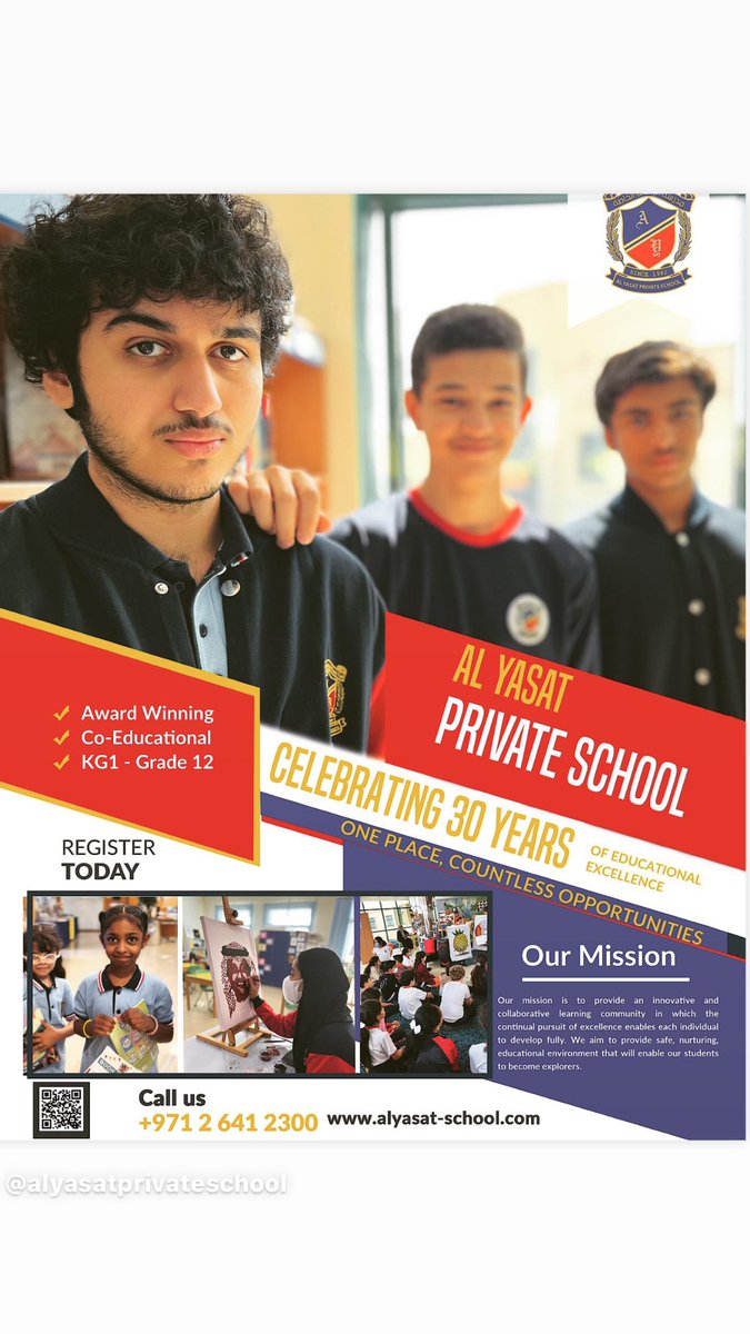 AlYasatPvtSch's tweet image. Prepare for the Future Today with a World Class Education at Al Yasat Private School
And the Winner of Multiple International Awards.

Registration is Open
KG1 - Grade 12
Call: 02 641 2300

#alyatprivateschool #ayps #graduation2022 #abudhabischools #topschools #championschools