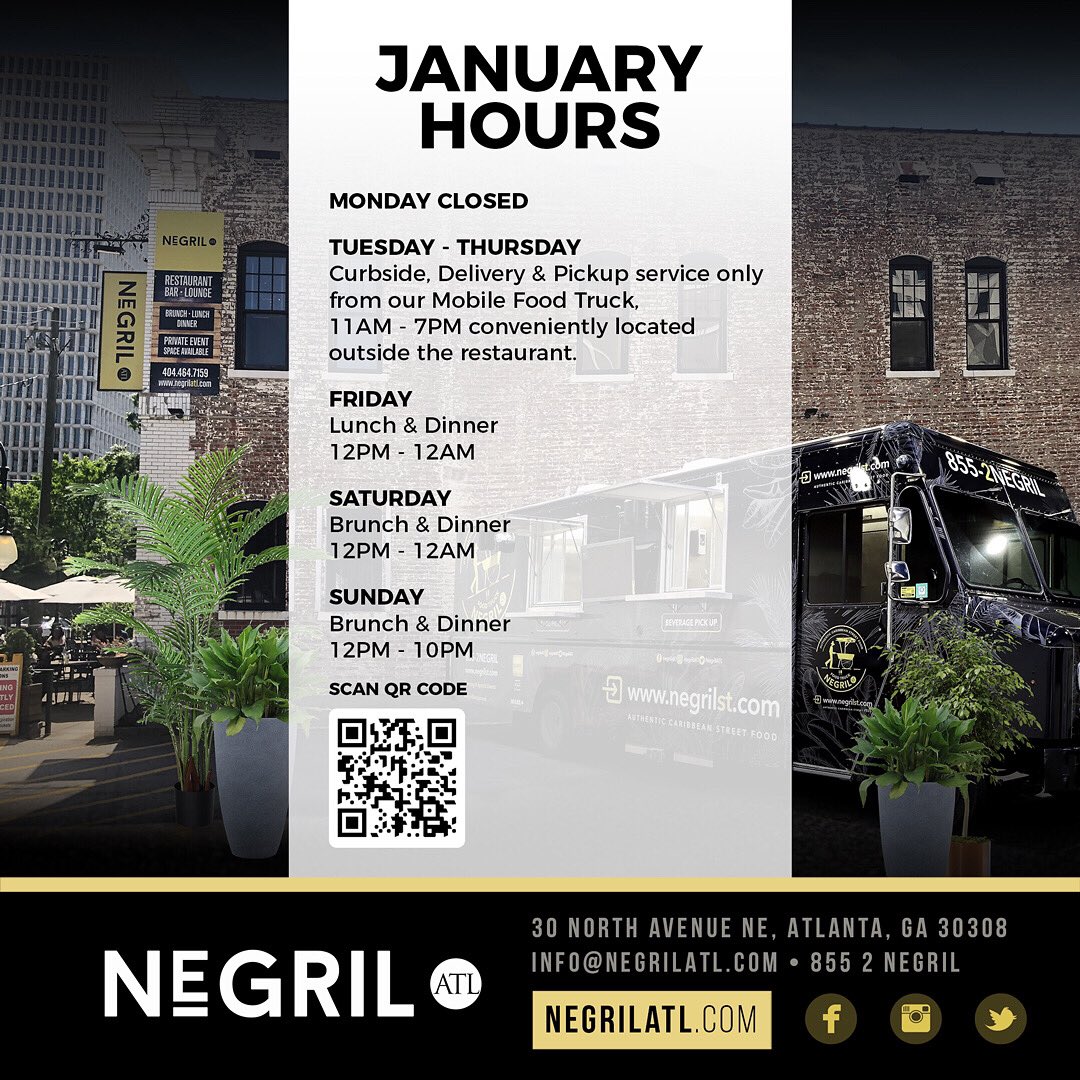 NegrilAtl's tweet photo. Check out or January Hours and enjoy online ordering available for pickup, curbside and delivery Tuesday - Thursday! Outdoor patio seating available.
 
Pullup for a lunchtime vibe or order on popular platforms. 😎 https://t.co/ufZ37BKwRe
