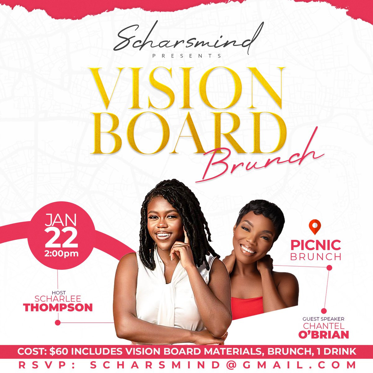 Scharsmind_'s tweet photo. Good vibes, good food and a fresh vision for the year!

Vision Board Brunch Sunday January 22nd at 2:00 pm at the Picnic Brunch.

Get your tickets here: https://t.co/hIW1DB4maQ https://t.co/cfn9muHPd8