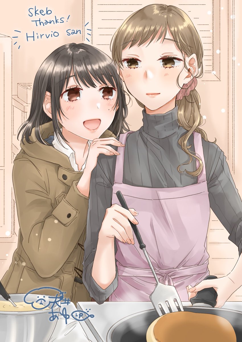 multiple girls 2girls apron brown eyes black hair cooking turtleneck  illustration images