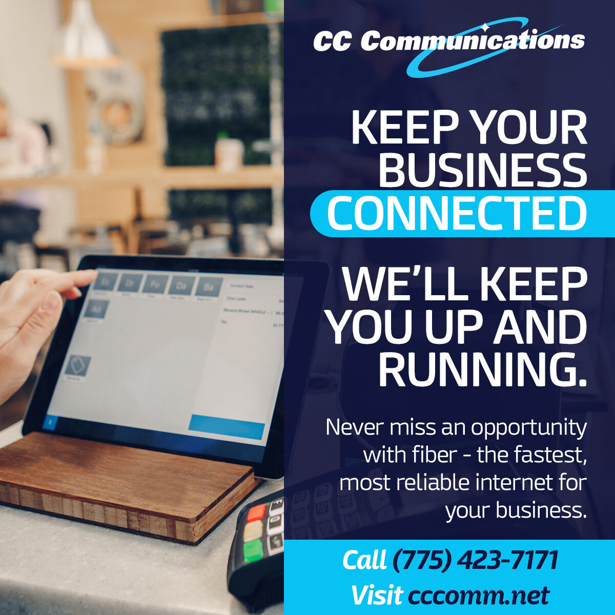 Keep your #BusinessConnected with #FiberInternet from #CCCommunications. We'll keep you up and running. Never miss an opportunity with fiber - the fastest, most reliable Internet for your business. Call (775) 423-7171 or visit cccomm.net to switch today!