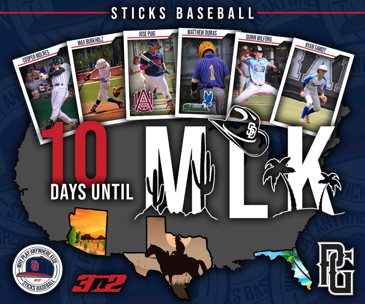 We are 10 days away from the Sticks taking the field for the @PerfectGameUSA MLK Tournament in 🌵🏝️and 🤠! We are excited to preview the players going over the days leading up! @CooperMolnes @MaxBurkholz2025 Jose Puig @mdumas04 @QuinnWilfong @RyanSawdy #Sticks