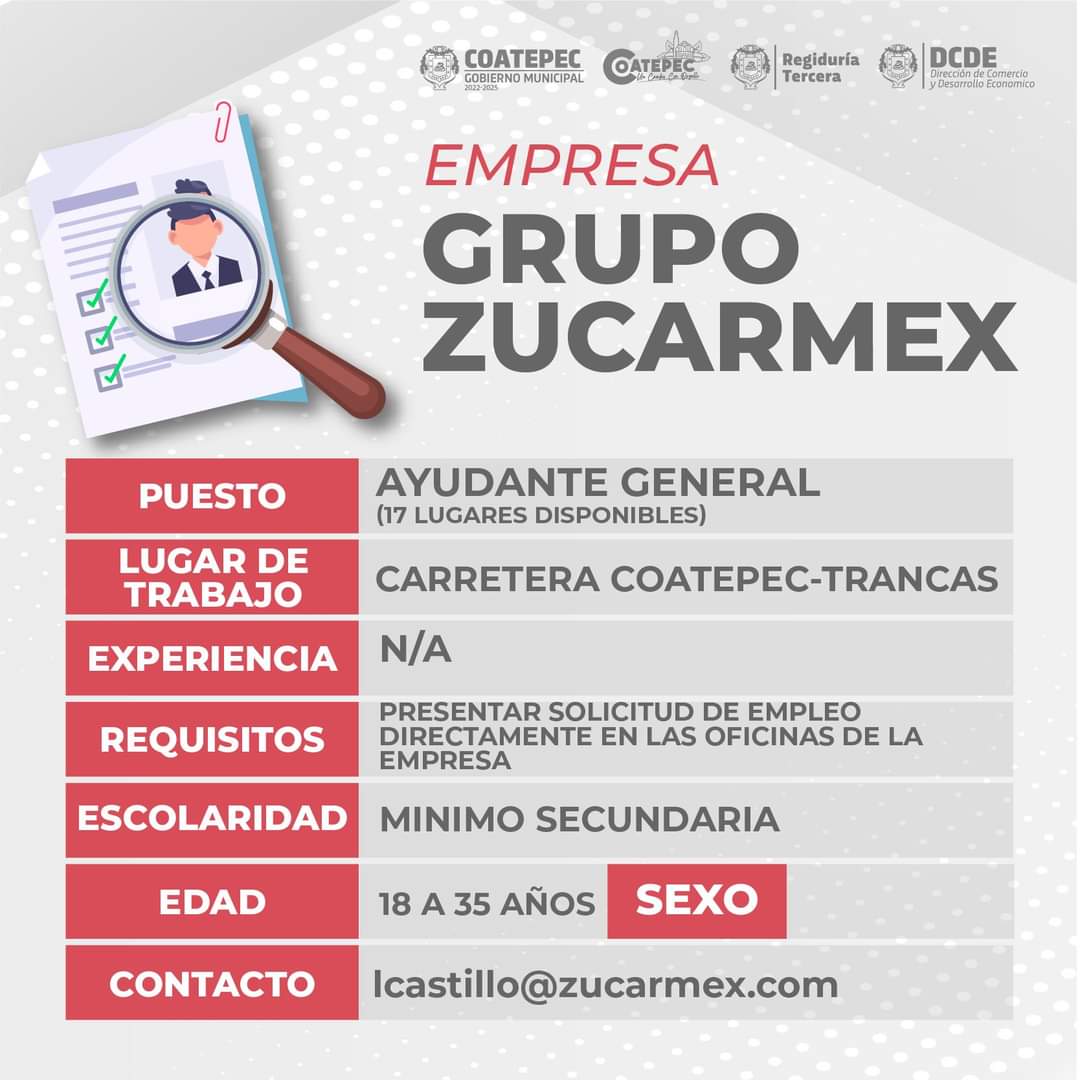 El H. Ayuntamiento de Coatepec a través de la Regiduría Tercera en coordinación con empresas locales, ponen a su disposición las siguientes ofertas laborales.

En caso de estar interesado, favor de ponerse en contacto por los medios indicados en cada imagen. 

#Coatepec