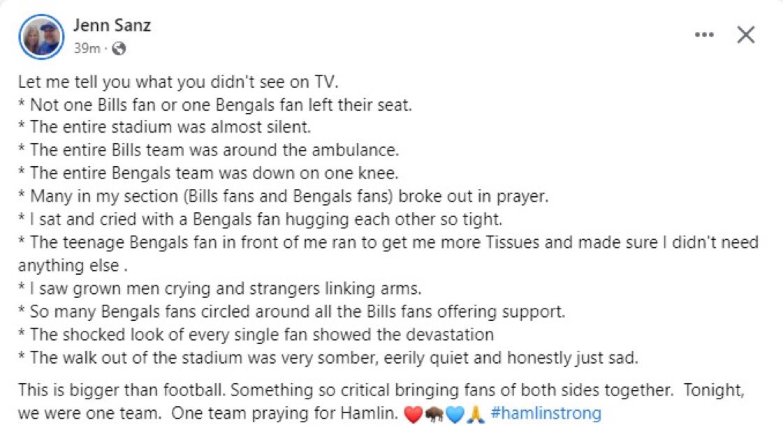 McElroyMarra's tweet photo. This is so much bigger than football. This is so much bigger than sports. This is humanity.
Praying for Hamlin🙏🏻💙❤️ https://t.co/yBy5YOWMhw