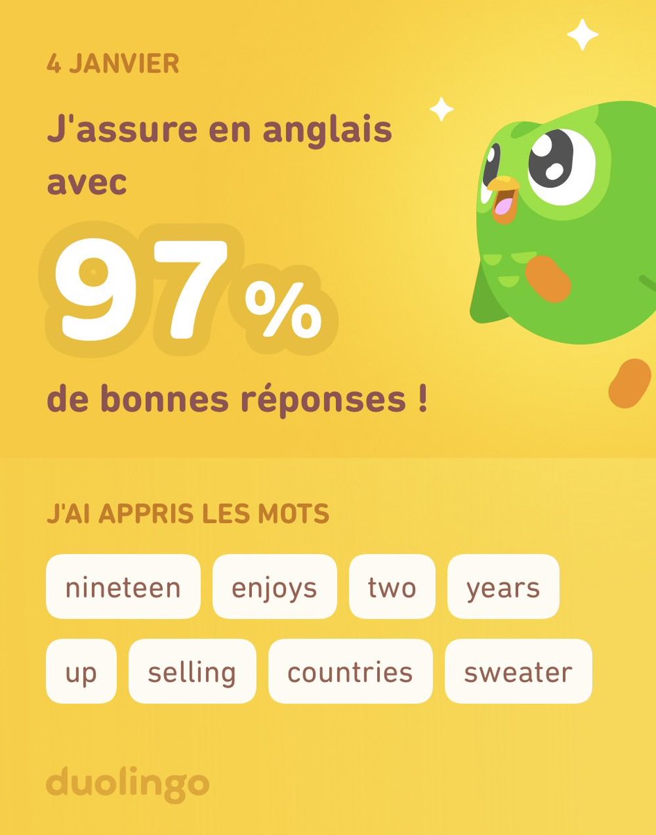 J'apprends l'anglais avec Duolingo ! C'est gratuit, fun et efficace.