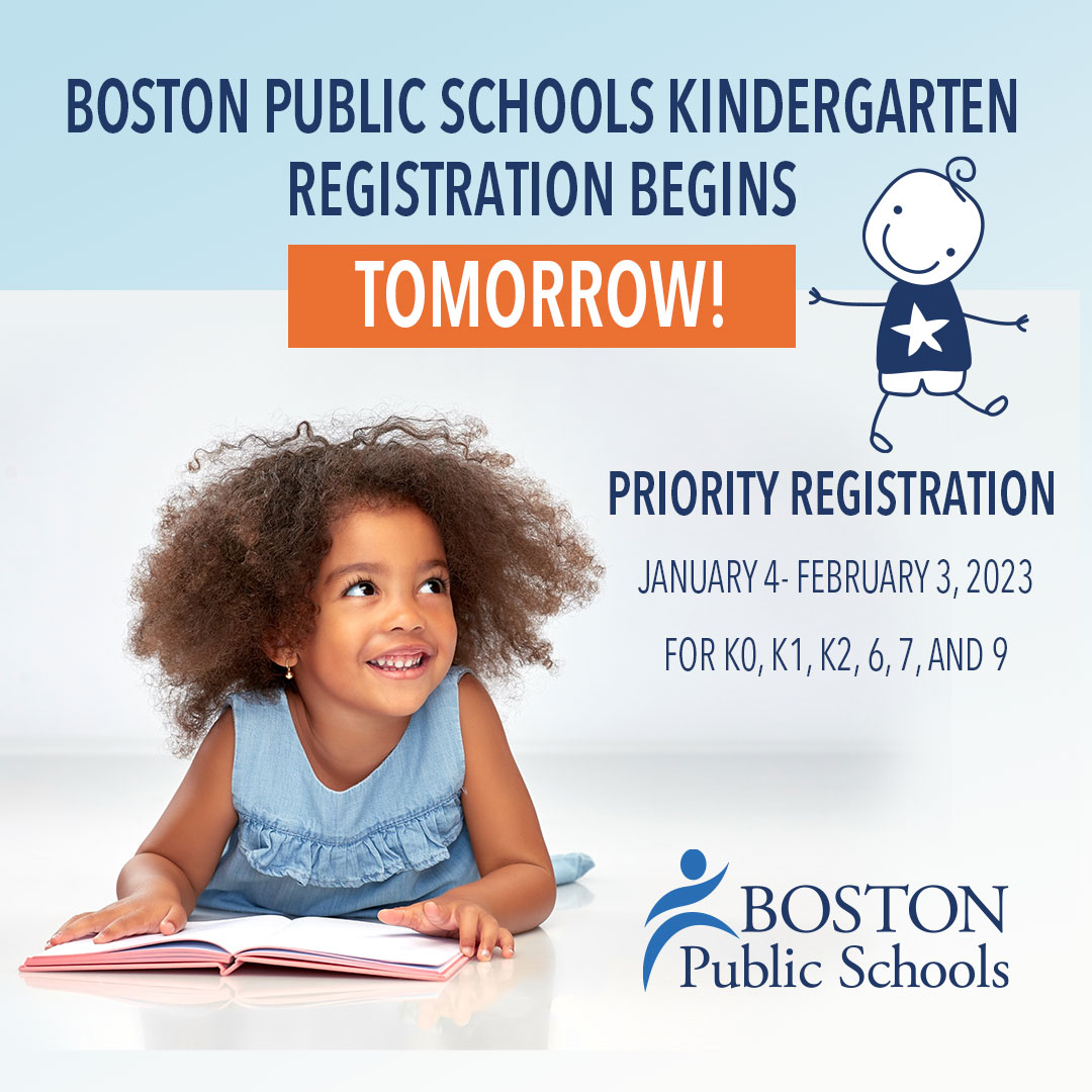 Priority registration opens tomorrow for children entering grades K0, K1,  K2, 6, 7, and 9! Please visit a BPS Welcome Center before Friday, February 3 to register your child for school: 

bostonpublicschools.org/Page/6484