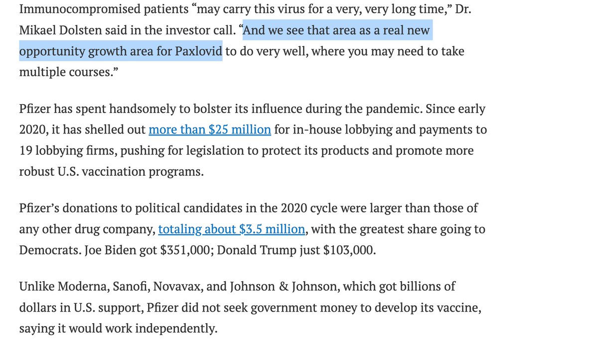 CalmPoker's tweet image. Revisiting this, my main point is a single company in the US can spend a lot on lobbying and can help tilt US lawmakers toward supporting favorable policies. 

There's evidence of Pfizer doing so, promoting mass infection. 

khn.org/news/article/p…