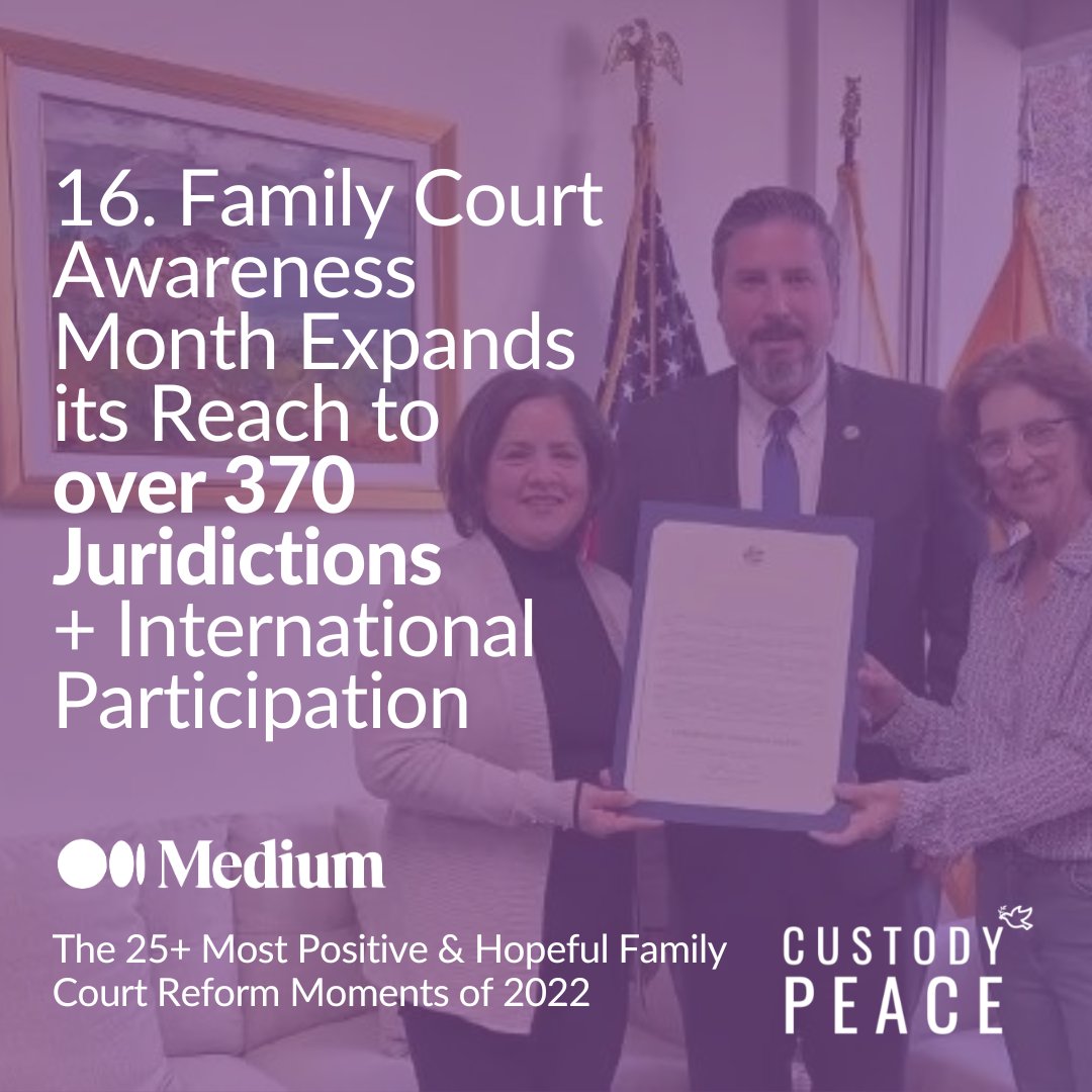 This year, 370 jurisdictions across 29 states, proclaimed November as Family Court Awareness Month, which is up from 200 in 2021. 15 Governors proclaimed November as Family Court Awareness Month: AL, AZ, CO, KY, MD, MI, NE, NH, PA, RI, TX, UT, VT, WI, WV. bit.ly/3Gb7vya