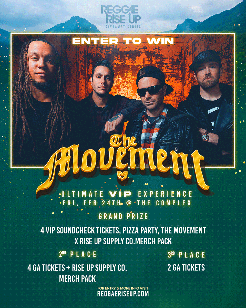 ReggaeRiseUp's tweet image. 💛NEW YEAR, NEW GIVEAWAY!💛 

Enter to WIN @TheMovementVibe Ultimate VIP Experience (RULES⬇️)

🎵FEB 24TH!📍@ComplexSLC

Enter to Win💨 gleam.io/cn3zS/the-move…

We're choosing 3 Winners🏆Good Luck! 

Tickets @ ReggaeRiseUp.com

#ReggaeRiseUp #TheMovement #ComplexSLC