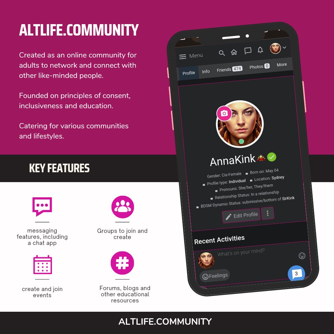 AltLife_Comm's tweet photo. Communication leads to community - why not join ours today and help grow a stronger, more inclusive and safer online community?
#altlifecommunity #kinklife #furries #LGBT #inclusiveadultplatform #socialnetworking https://t.co/k3HfbyfOzA