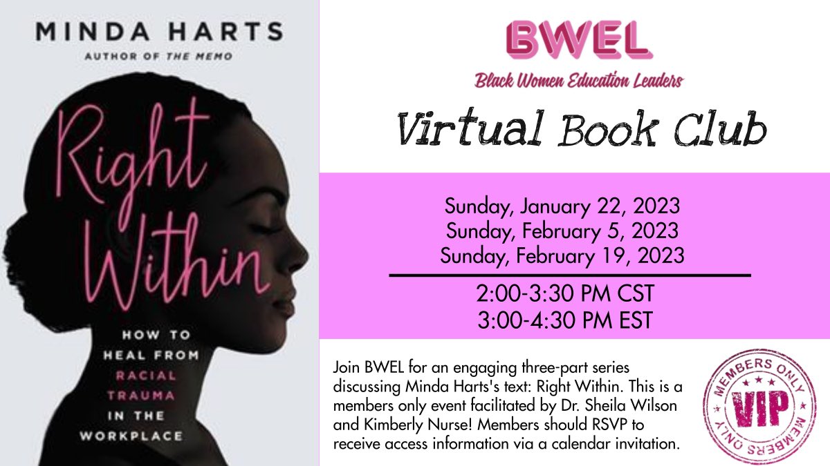 BWEL members: We are so excited to present our next book club meeting to jump start the 2023 year!

Plan to join us for the 1st meeting on Jan. 22nd at 3 pm EST. 

Check your email for the invite. 

@MindaHarts #BWEL <a href="/Wilson1Sheila/">Dr. Sheila Wilson</a> <a href="/KimberlyNurse3/">Kimberly Nurse</a> <a href="/treclarkleads/">Principal Clark</a> <a href="/DrLaTonyaSibley/">Dr. LaTonya Sibley, NBCT</a>