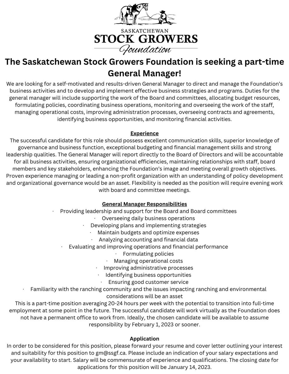 Stockgrowersfdn's tweet photo. The Saskatchewan Stock Growers Foundation are looking for a General Manager https://t.co/XFjMWBVvWM