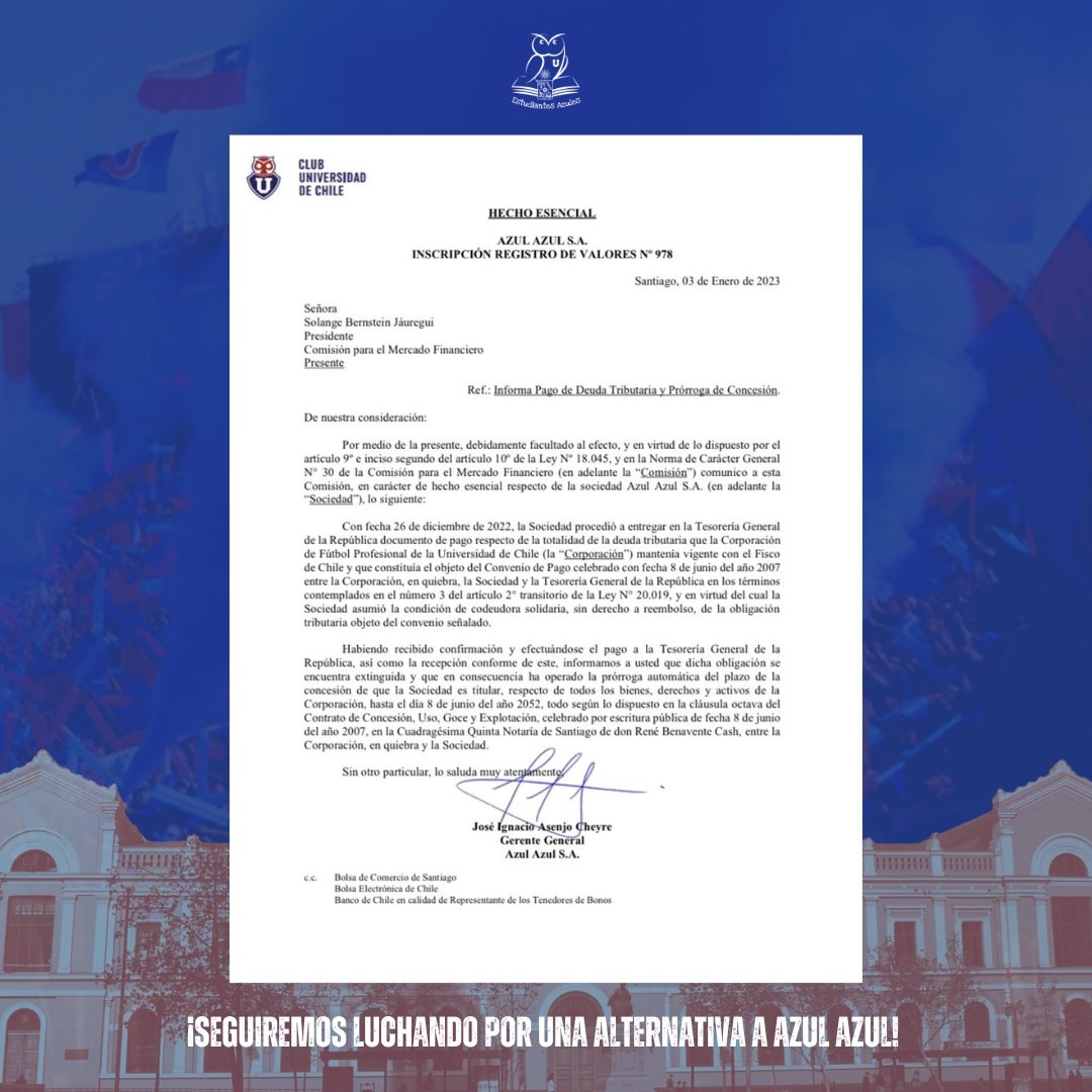 estudiantesazul's tweet photo. Independiente de la la prórroga, como Estudiantes Azules, seguiremos pujando por la construcción de una alternativa a Azul Azul tanto desde la creación de una nueva corporación como desde la CORFUCH. 

Más temprano que tarde la U volverá a su gente 🤘💙 https://t.co/gGtpyO34ZF