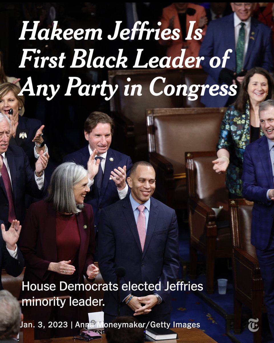 nytimes's tweet photo. House Democrats formally elevated Rep. Hakeem Jeffries to be their leader on Tuesday, uniting around him as the face of their opposition to the new Republican majority. He is the first Black politician to lead either party in Congress. https://t.co/qps9yJKXwm https://t.co/V0EhYk0k2K
