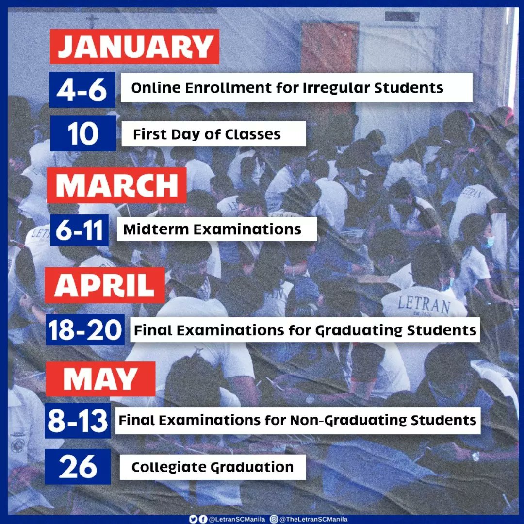 LetranSCManila's tweet photo. Attention, Letranites! 📣
Take note of the Colegio's Second Semester Schedule for this Academic Year 2022-2023 and make the most out of these months!
Please be guided accordingly.
#LSCReinforceTheLight
#LSCKaisaBilangTanglaw
#DSATogether https://t.co/14QVT6Mc9j