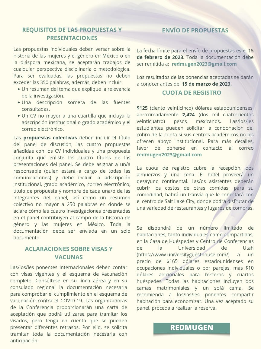 📌IX Coloquio Internacional de Historia de las Mujeres y de Género en México.
🌏Universidad de Utah / Salt Lake City, Utah
📆14, 15 y 16 de septiembre de 2023
¡Convocatoria abierta!