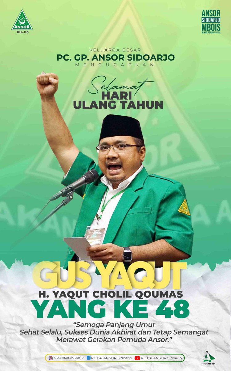 Sugeng Ambal Warsa Gus Ketum 
<a href="/YaqutCQoumas/">Yaqut Cholil Qoumas</a> 
<a href="/Official_Ansor/">Gerakan Pemuda Ansor</a> 
Sehat selalu dan barokah umurnya.