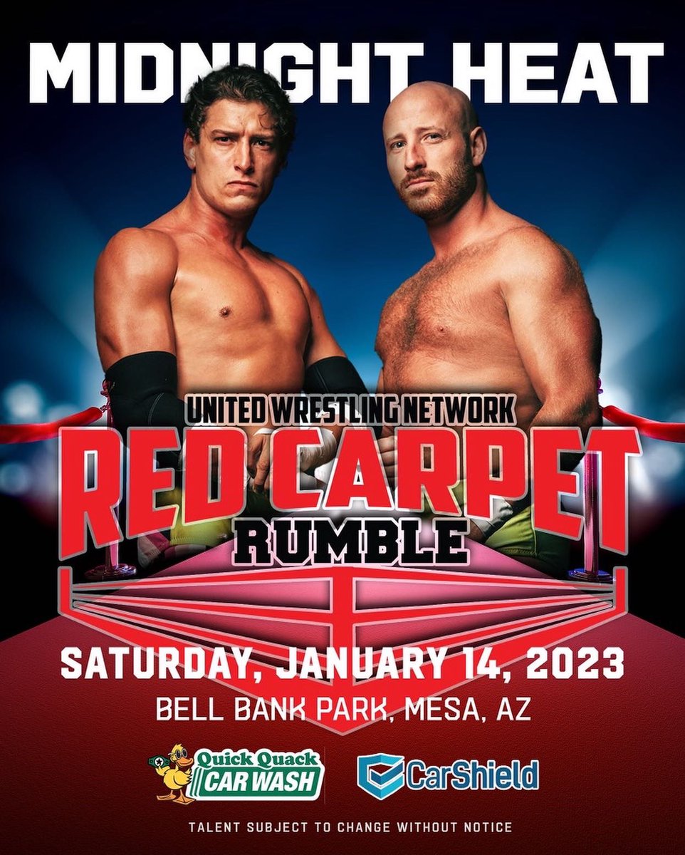 unitedwrestling's tweet photo. 🌵 𝐆𝐄𝐓 𝐘𝐎𝐔𝐑 𝐓𝐈𝐂𝐊𝐄𝐓𝐒 𝐍𝐎𝐖 for the #RedCarpetRumble in Arizona, featuring two World Title matches:

🔥 #UWN World Champion @DannyLimeLight vs. @MadKing1981 

🔥 World Tag-Team Champions #RenoScum vs. @_MidnightHeat 

🎟️ https://t.co/ABgwTtkoH0 https://t.co/v6tMVHULhI