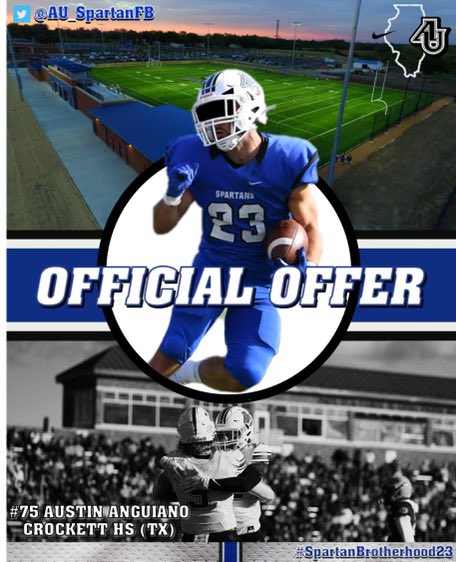 Extremely grateful to receive an offer to play football at @AU_SpartanFB. Thank you @CoachRgehlert7 and Coach @DonBeebeNFL. #WeAreOneAU @CoogsFB @Coach_Norton1 @shannonrhreed @CoachGloria1 @RecruitsCenTex @FlxAtx