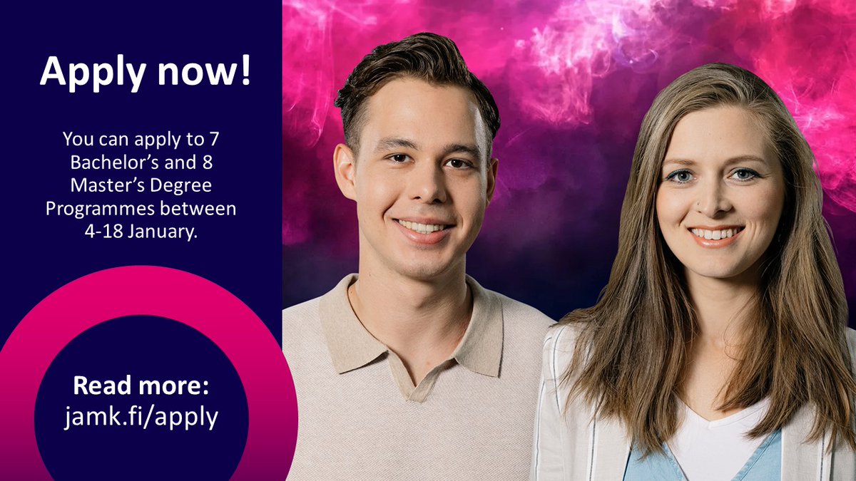 JAMK_fi's tweet photo. Ready, set - GO!
The application period for degree programmes conducted in English is now open! Apply by 18th of January, 3 p.m. (UTC+2) to start your studies in Autumn 2023 👉 https://t.co/42Uys8SMJW
#Jamk #StudyinFinland #StudyinEnglish #StudyinJyväskylä #ApplyNow https://t.co/PzUwHBGV4u