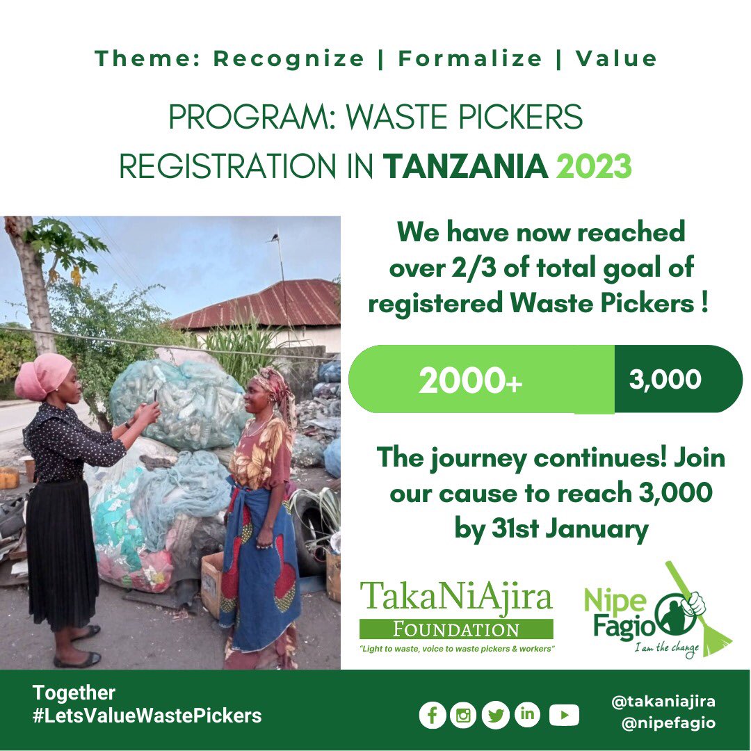 We are starting 2023 strong with hitting over 2,000 registered Waste Pickers, of our target of 3,000! The journey continues 💪 If you would like to join this cause, contact us via info@takaniajira.org 

#wastepickers #wasteworkers #WastepickersApp #ZaidiApp #digital #2023