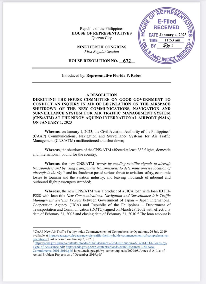 JulieMAurelio's tweet photo. READ: House good government and public accountability panel chair Rep. Florida Robes files House Resolution 672 seeking inquiry in aid of legislation on glitch that affected NAIA's communications, navigation and surveillance system for air traffic management. @inquirerdotnet https://t.co/1n5AWZO3rq