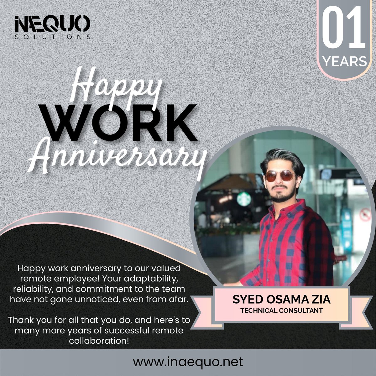 Inaequo Solutions congratulates Syed Osama Zia on your anniversary.🎉🎉🎉

#inaequosolutions #outsource #employeeanniversary #team
