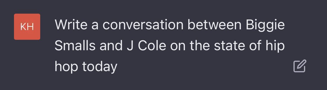 I asked #ChatGPT to imagine a conversation between the Notorious B.I.G. & J. Cole on the state of #hiphop today. 

It was a pretty dope and realistic exchange! 

@RuncieDan x @TrapitalMedia would love your take on it 👀