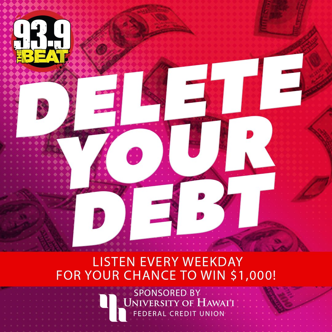 939beat's tweet photo. Holidays are pau! Time to DELETE YOUR DEBT! $1000 is up for grabs every hour every weekday from 6AM to 3PM! Just listen for the keyword to enter on our website!
#FreeMoney #WinCash #deleteyourdebt #939thebeat #HawaiiRadio #uhfcu https://t.co/Cuu2Bd8A7L