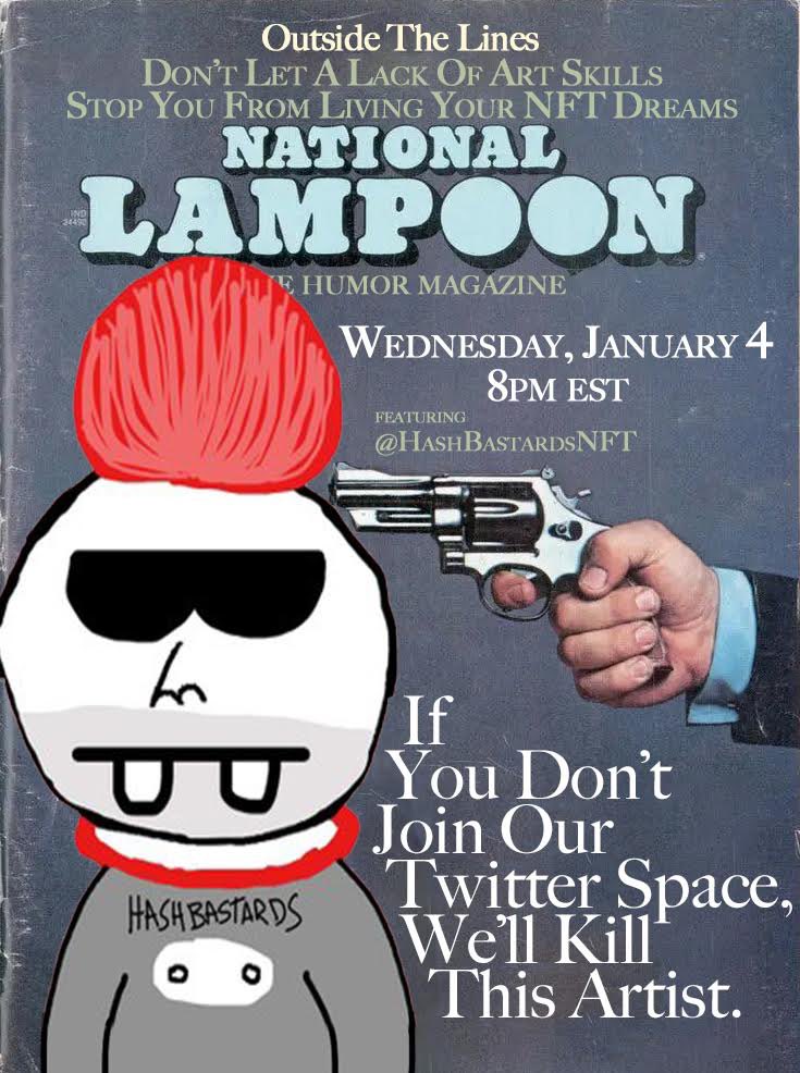 NLStudios_eth's tweet photo. Late Night Comedy with National Lampoon is kicking off this week! 

Late Night will be a community oriented spaces with special guests. Crack a beer and come hang out with us. 

Our first spaces will be co-hosted with @themikesalvi and @HashBastardsNFT. 

https://t.co/6bGa78SCNs https://t.co/PSEUD1rlvW